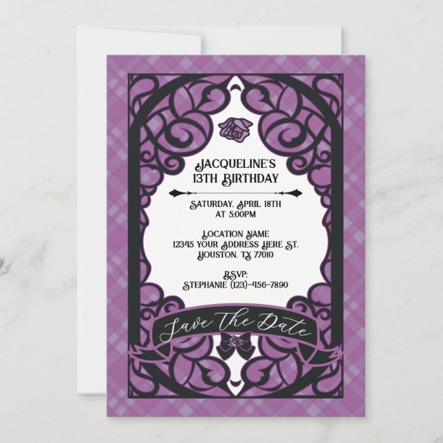 Purple and Black Gated Rose Princess Birthday Inbjudningar (Framsida)