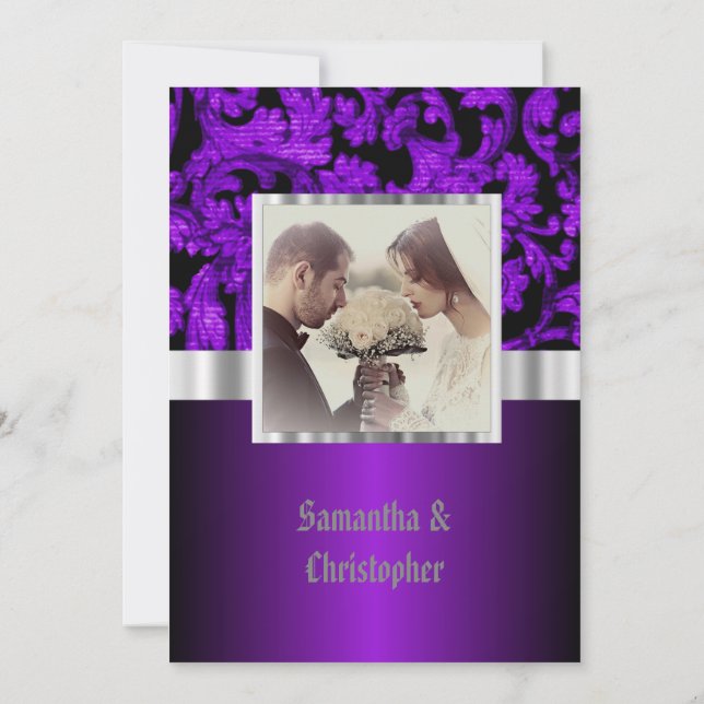 Purple and black gothic wedding photo invitation inbjudningar (Baksida)