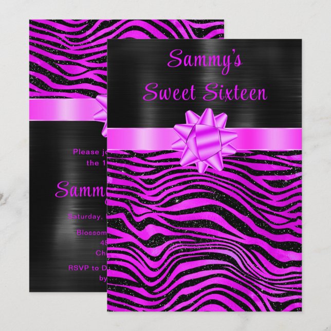 Purple and Black Zebra Stripes Sweet Sixteen Inbjudningar (Fram/baksida)