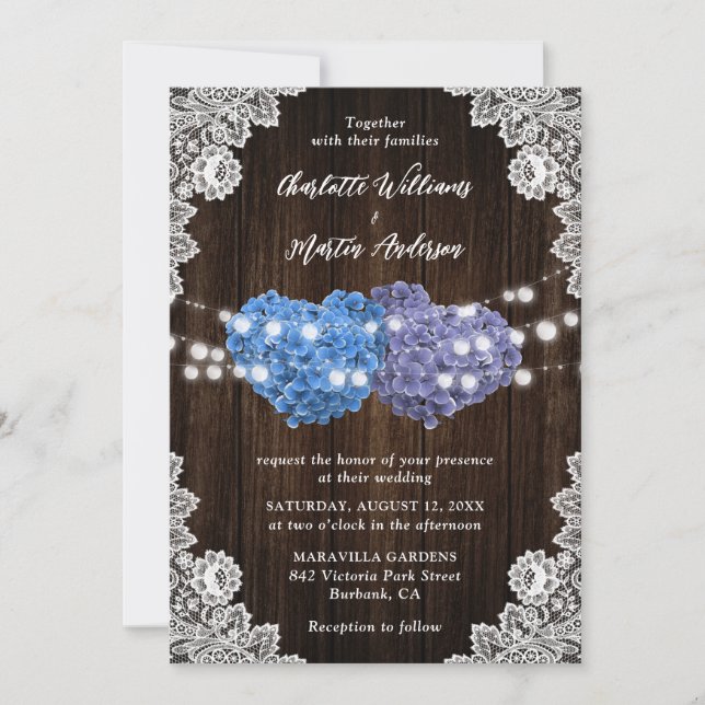 Purple and Blue Floral Hearts Wood Lace Wedding Inbjudningar (Framsida)