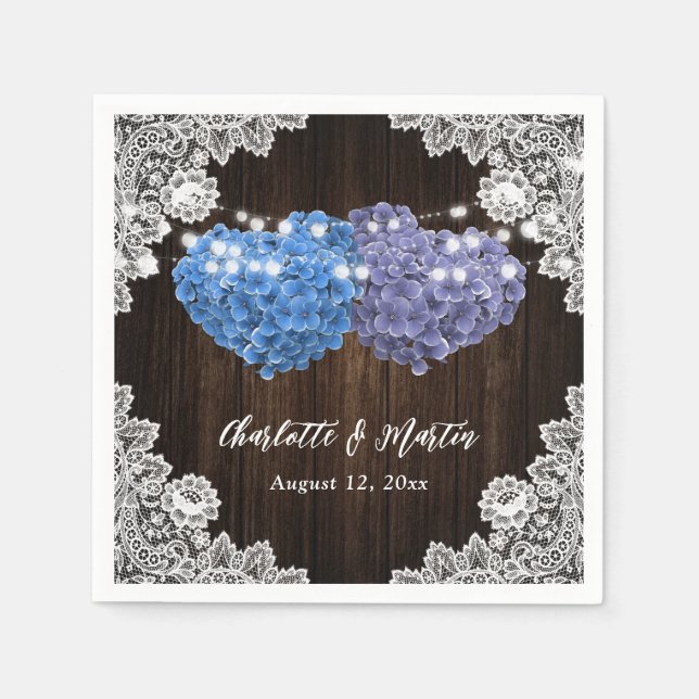 Purple and Blue Floral Hearts Wood Lace Wedding Pappersservett (Framsidan)