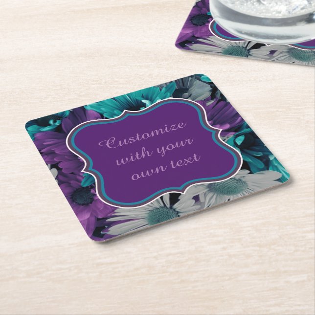 Purple and Blue Flower Smash Custom Text Underlägg Papper Kvadrat (Vinklad)