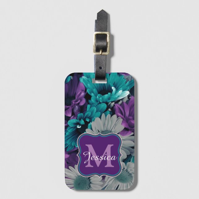 Purple and Blue Flower Smash Personalised Bagagebricka (Framsida vertikal)