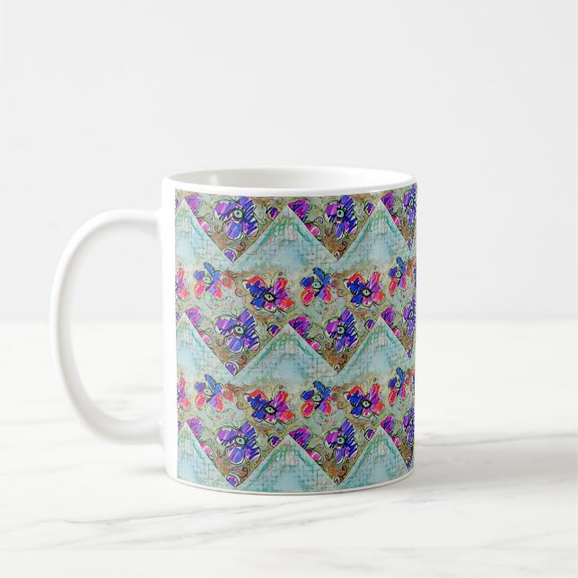 Purple and Blue Flowers Squares Zigzags Kaffemugg (Vänster)