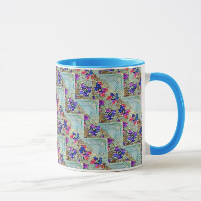 Purple and Blue Flowers Squares Zigzags Mugg (Höger)