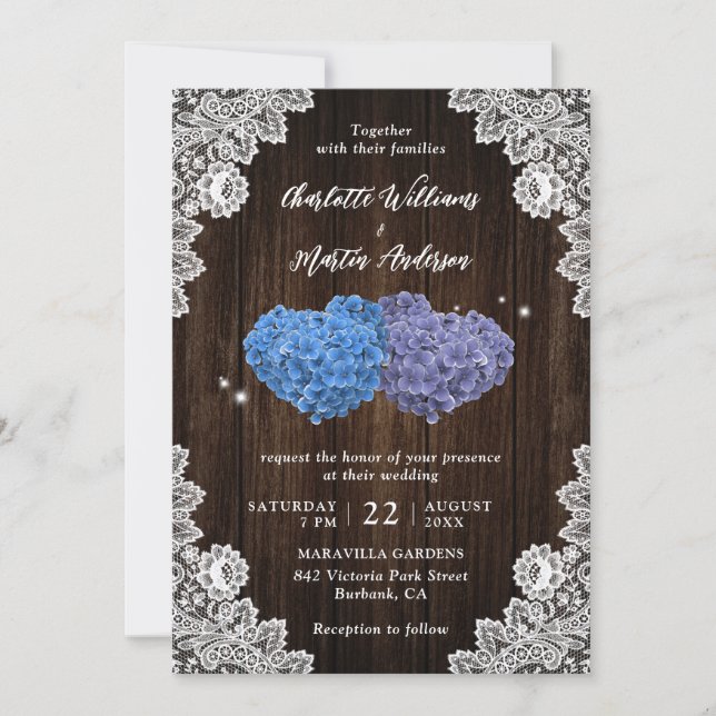 Purple and Blue Rustic Floral Lace Wood Wedding Inbjudningar (Framsida)