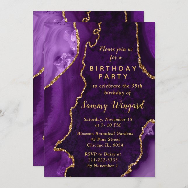 Purple and Gold Agate Marble Birthday Party Inbjudningar (Fram/baksida)