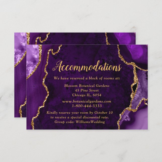 Purple and Gold Agate Wedding Accommodations Tilläggskort (Fram/baksida)
