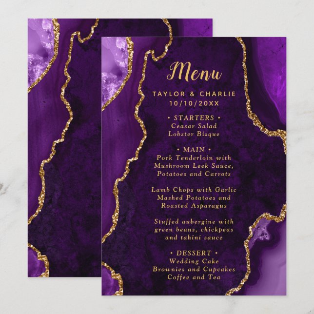 Purple and Gold Agate Wedding Menu Meny (Fram/baksida)