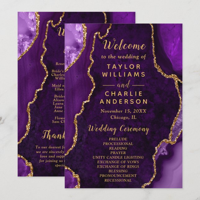 Purple and Gold Agate Wedding Program (Fram/baksida)