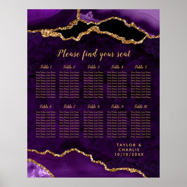 Purple and Gold Agate Wedding Seating Chart Poster (Framsidan)