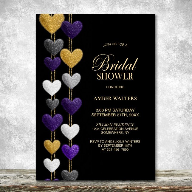 Purple and Gold Hearts Bridal Shower Inbjudningar (Skapare uppladdad)