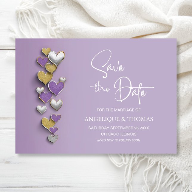 Purple and Gold Hearts Wedding Save the Date Spara Datumet (Skapare uppladdad)