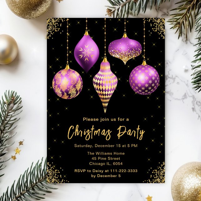 Purple and Gold Ornaments Christmas Party Inbjudningar (Skapare uppladdad)