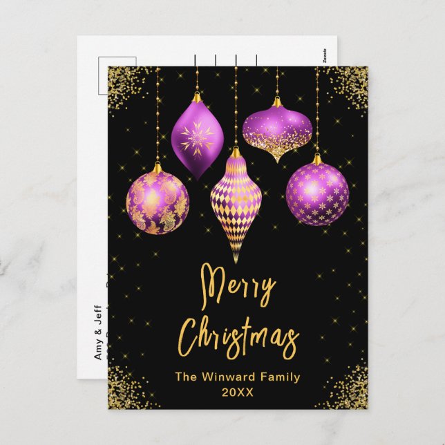 Purple and Gold Ornaments Merry Christmas Helg Vykort (Fram/baksida)