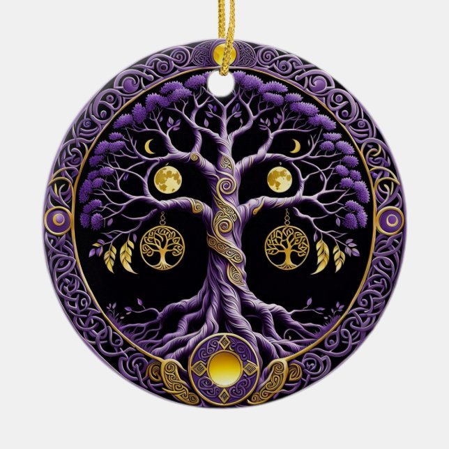 Purple and Gold Tree of Life Mandala Julgransprydnad Keramik (Framsidan)
