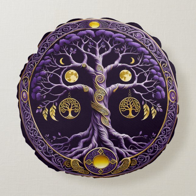 Purple and Gold Tree of Life Mandala Rund Kudde (Framsidan)