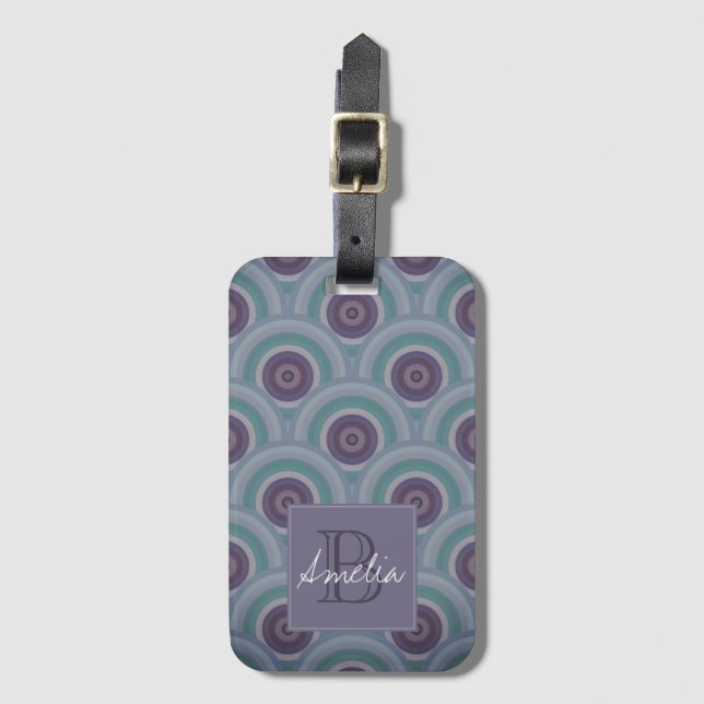Purple and Green Retro Circles Pattern Monogram Bagagebricka (Framsida vertikal)