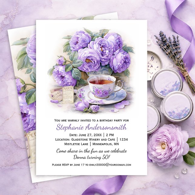 Purple and Lavender Peonies Tea Cup Birthday Party Inbjudningar (Skapare uppladdad)