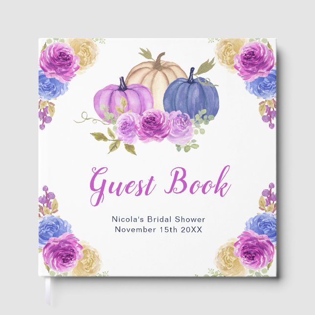 Purple and Navy Blue Floral Pumpkins Bridal Shower Gästböcker (Framsida)