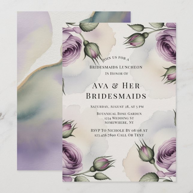Purple and Sage Green Roses Bridesmaids Luncheon Inbjudningar (Fram/baksida)