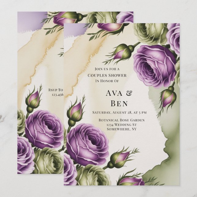 Purple and Sage Green Roses Painted Couples Shower Inbjudningar (Fram/baksida)