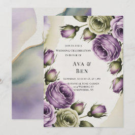 Purple and Sage Green Roses Painted Wedding Inbjudningar