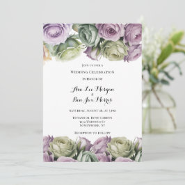 Purple and Sage Green Roses Painted Wedding Inbjudningar