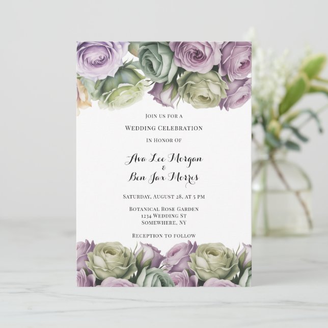 Purple and Sage Green Roses Painted Wedding Inbjudningar (Stående Fram)
