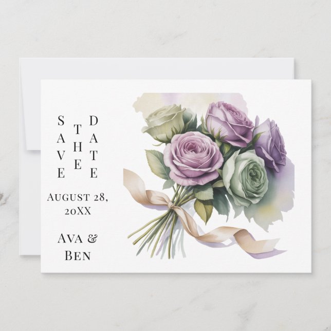 Purple and Sage Green Wedding Save The Date Cards (Framsida)