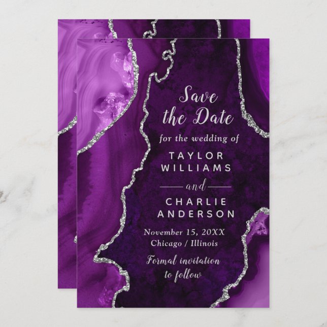 Purple and Silver Agate Marble Save The Date Inbjudningar (Fram/baksida)