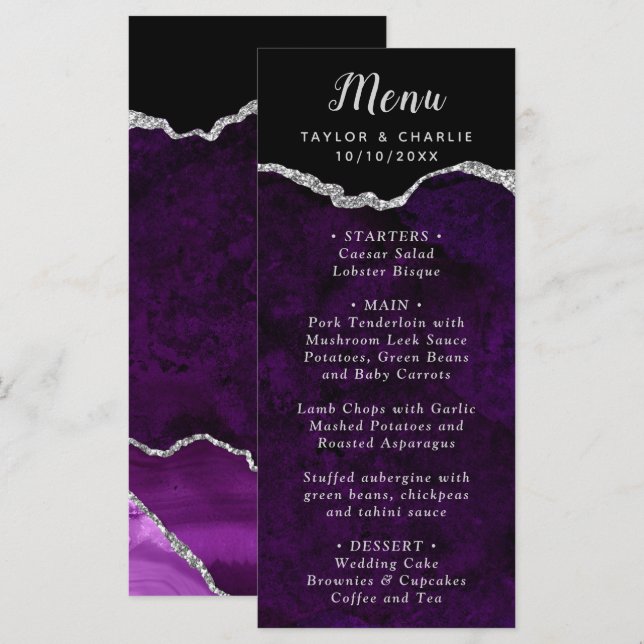 Purple and Silver Agate Wedding Menu Meny (Fram/baksida)