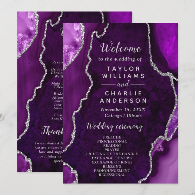Purple and Silver Agate Wedding Program (Fram/baksida)