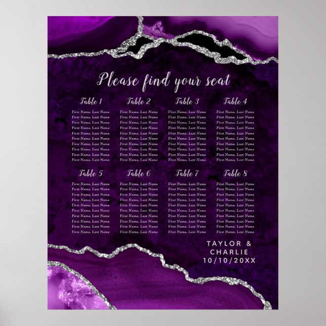 Purple and Silver Agate Wedding Seating Chart Poster (Framsidan)