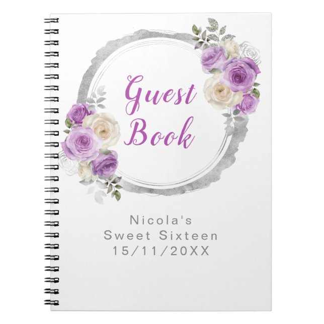 Purple and Silver Elegant Flowers Sweet Sixteen Anteckningsbok (Framsidan)