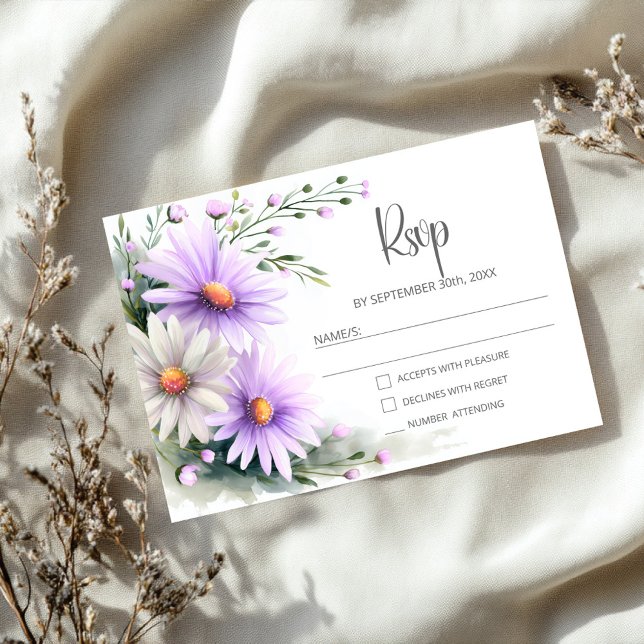 Purple and White Daisies Wedding RSVP OSA Kort (Skapare uppladdad)