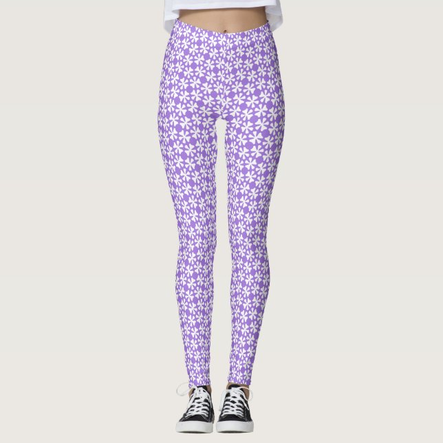 Purple and White Modern Geometric Floral Pattern Leggings (Framsida)