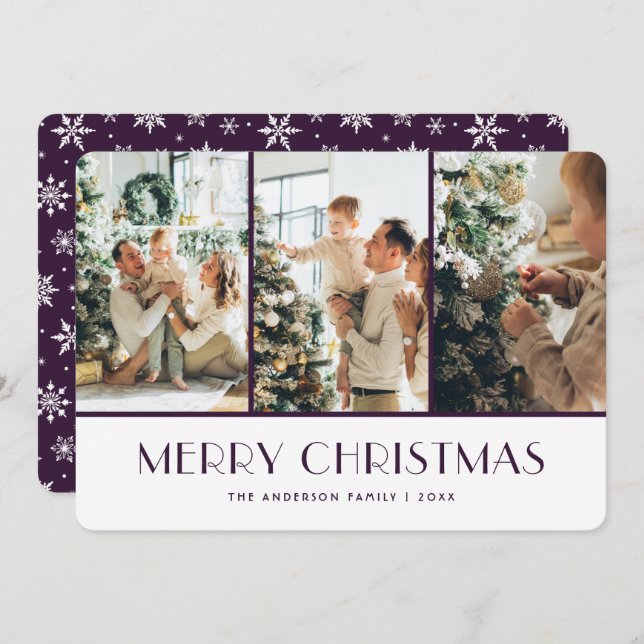 Purple and White Snowflakes Photo Christmas Card Julkort (Fram/baksida)