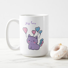 Purple anime kitten and hearts, personalized kaffemugg