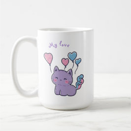 Purple anime kitten and hearts, personalized kaffemugg