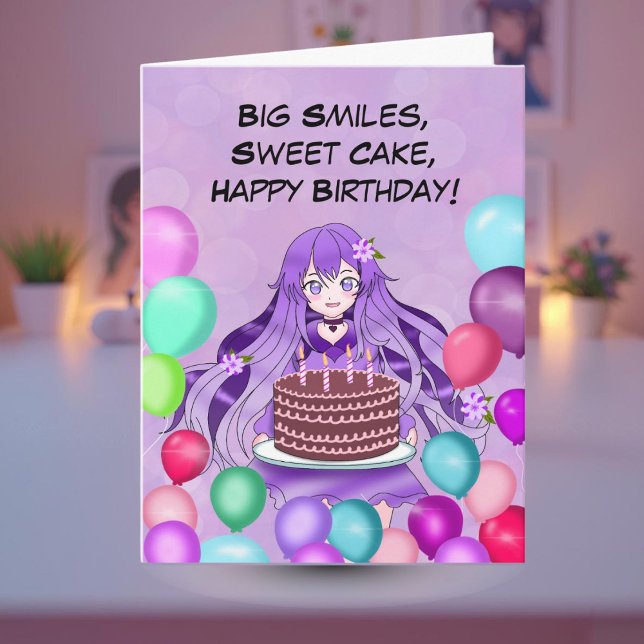 Purple Anime Teenager Holding Birthday Cake Kort (Skapare uppladdad)