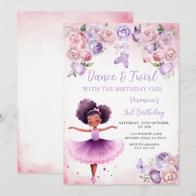 Purple Ballerina 3rd Birthday Inbjudningar (Fram/baksida)