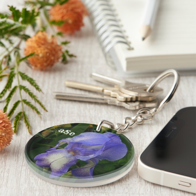Purple Bearded Iris Floral Monogram Acrylic Keycha (Högra Framsidan)