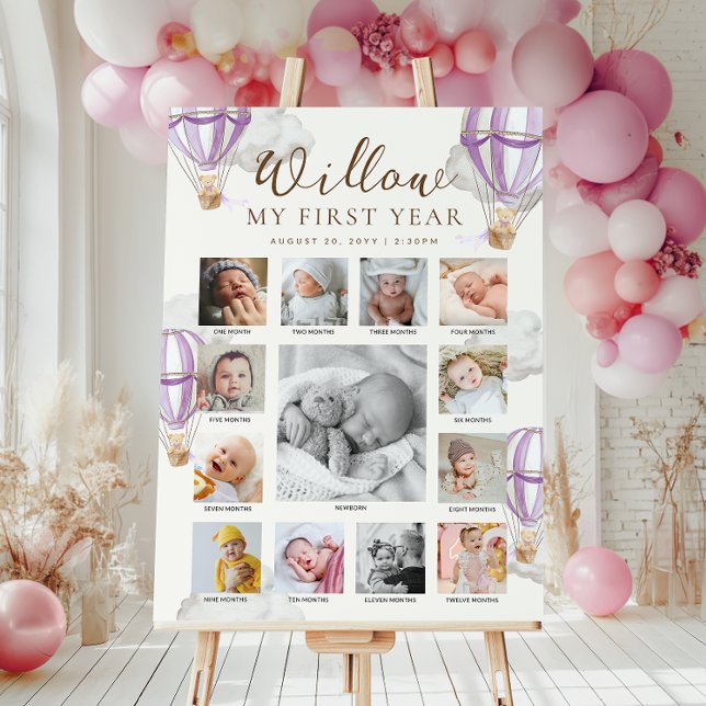 Purple Beary First Birthday Photo Timeline Poster (Skapare uppladdad)
