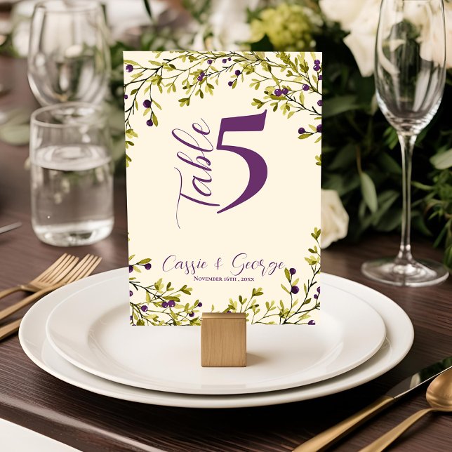  Purple Berry Rustic Greenery Wedding Table Number Tack Kort (Purple Berry Rustic Greenery Wedding Table Number)
