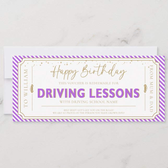 Purple Birthday Driving Lessons Gift Voucher Card Inbjudningar (Framsida)