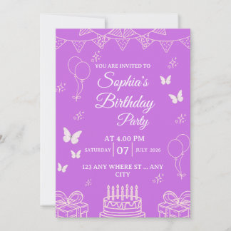 Purple Birthday Party Invitation with Balloons Inbjudningar