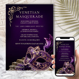 Purple Black Masquerade Ball Elegant Venetian Inbjudningar