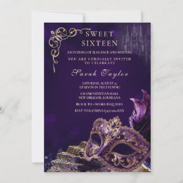 Purple Black Sweet 16 Masquerade Elegant Venetian Inbjudningar