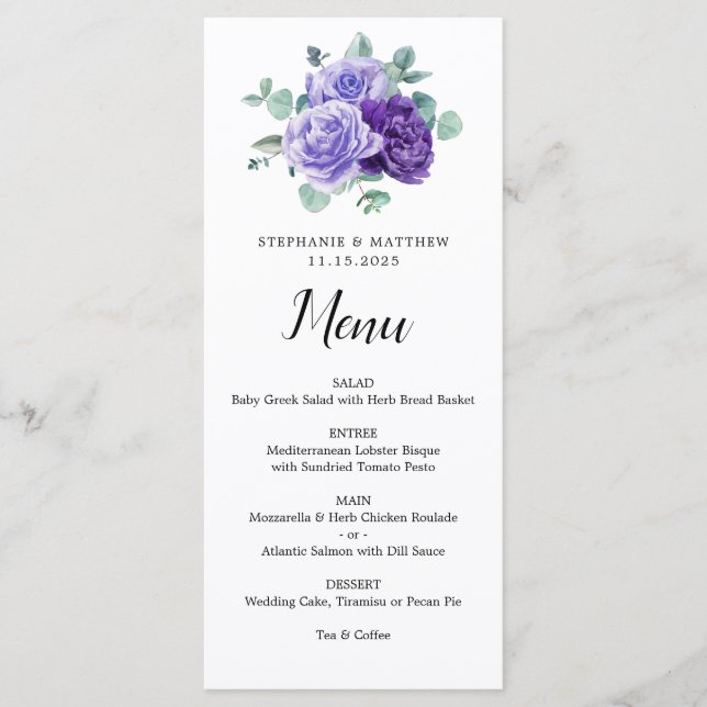 Purple Bloom Eucalyptus Botanical Wedding Menu Meny (Framsida)